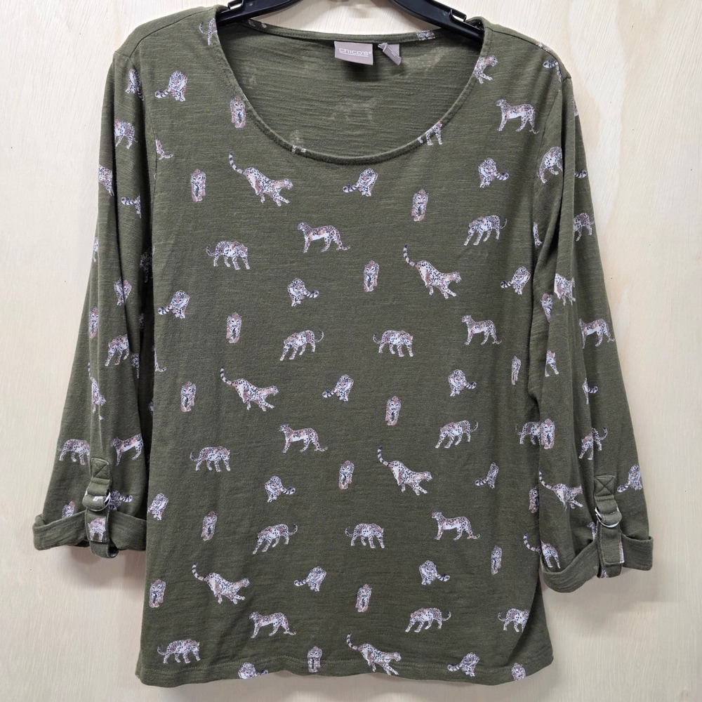 Chico's Olive Green Leopard Print Slub Cotton Roll Tab Sleeve Top Size 1 M